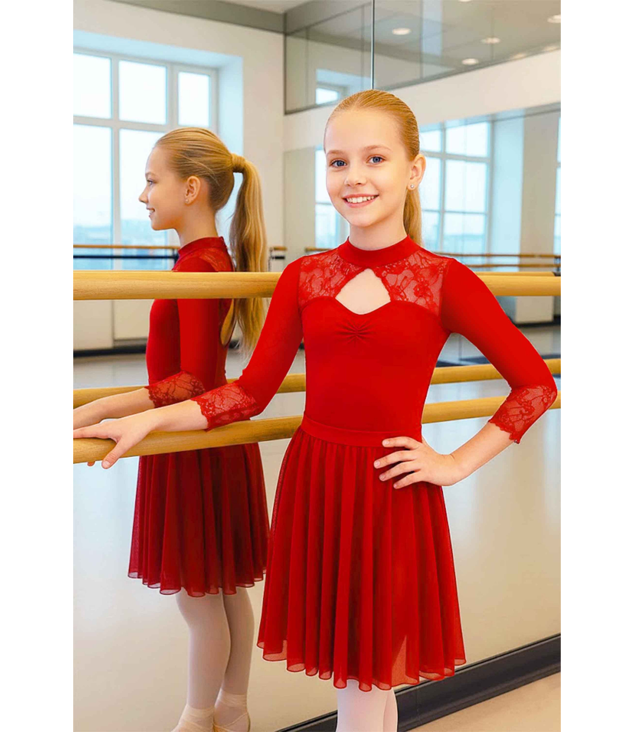 Body gimnastica & dans Rosu spandex Dantelat  Anya D. 16121